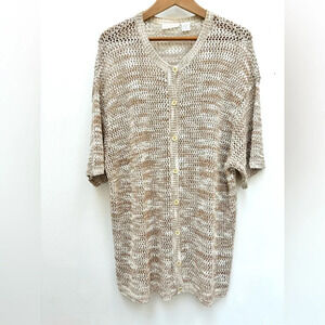 Elisabeth Liz Claiborne Open Weave Button Front Short Sleeve Cardigan Oatmeal 3X